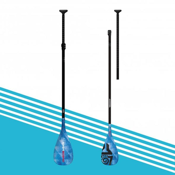 SUP paddle grey and blue. Blue is a 3 piece paddle and Gray is a 2 piece paddle. Carbon paddle for stand up paddle boarding.